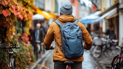 Man with backpack on bike in autumnal city street