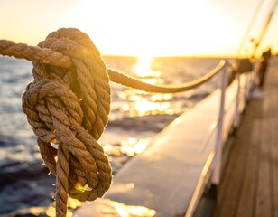 A close-up view of a nautical rope knot at sunset