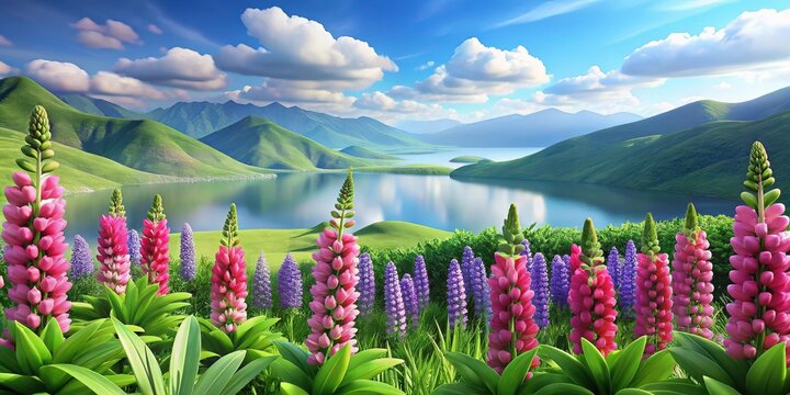 Lake lupine flowers and mountains - Powered by Adobe