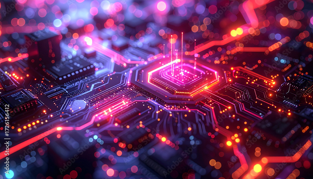 Poster digital circuitry: an abstract, neon-lit digital circuit board comes to life. glowing lines and inte