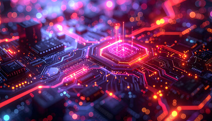 Digital Circuitry: An abstract, neon-lit digital circuit board comes to life. Glowing lines and interconnected components create a mesmerizing view of technological advancement