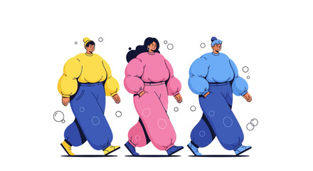Three Stylized Figures Walking in Colorful, Oversized Clothing