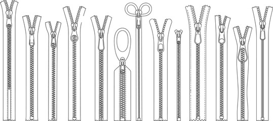 Extensive set of various zippers technical flat sketch vector illustration drawing design pattern bundle 
