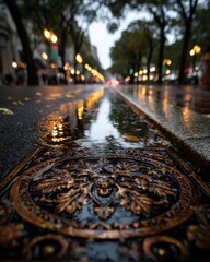 Ornate Metal Grate on a Rain-Slicked City Street with Luminous Bokeh Lights at Dusk.