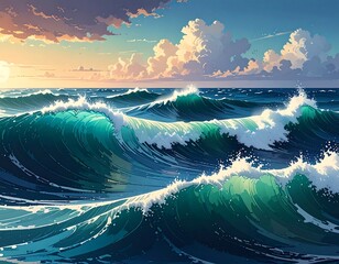 Oceanic waves at sunset, a vibrant seascape