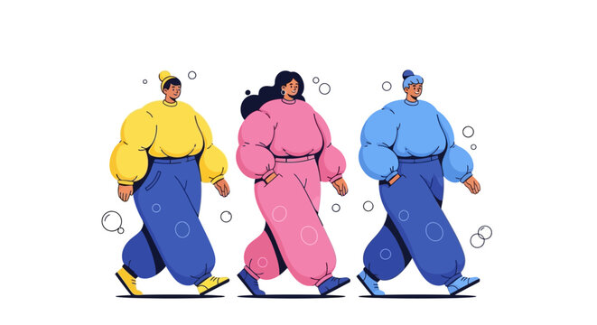 Three Stylized Figures Walking in Colorful, Oversized Clothing