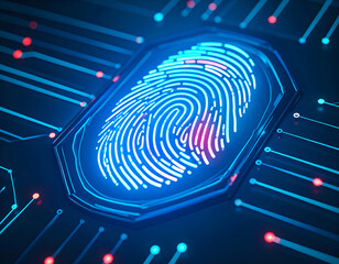 Glowing digital fingerprint on a circuit board, symbolizing cyber security, biometric identification, and secure data technology.