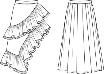 tWomen's stylish skirt set technical fashion flat sketch vector illustration drawing design pattern bundle with a short ruffled handkerchief hem skirt and a long 
