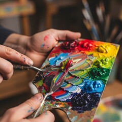 Hands scraping paint off palette knife, vibrant paint colors, studio close-up.