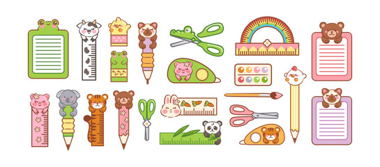 A kawaii stationery set featuring adorable animal designs, correction pen, ruler, scissors, pen, pencil, protractor, eraser, brush, and paints in bright, playful colors.