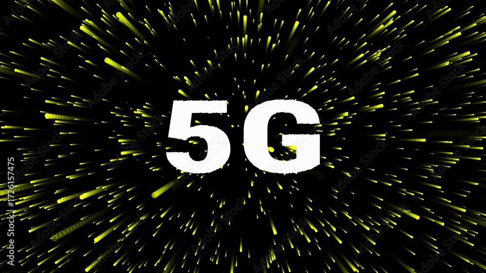 Poster 5G technology animation with glowing particle trails against a black background showing speed. 4k text animated video.