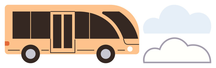 Yellow bus with large windows and doors alongside two clouds, symbolizing mobility and sustainability. Ideal for public transport, eco-transport, travel planning, tourism, urban development, minimal