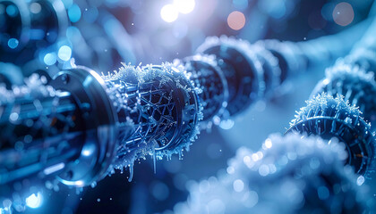 Intricate Technological Network: An abstract close-up unveils a futuristic network of metallic tubes and cables, overlaid with shimmering icy textures.