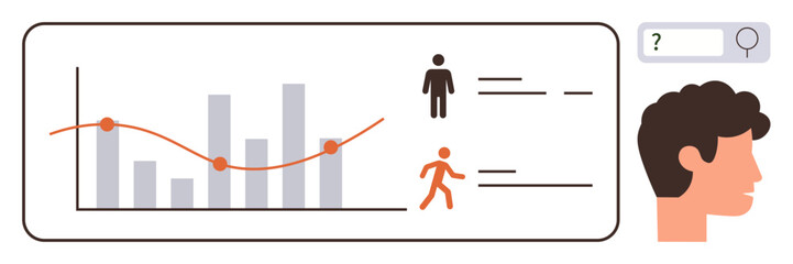 Charts, trend graph, male figure icons, search bar, and profile headshot visualizing data insights. Ideal for analytics, statistics, user research, behavior tracking profiling marketing education