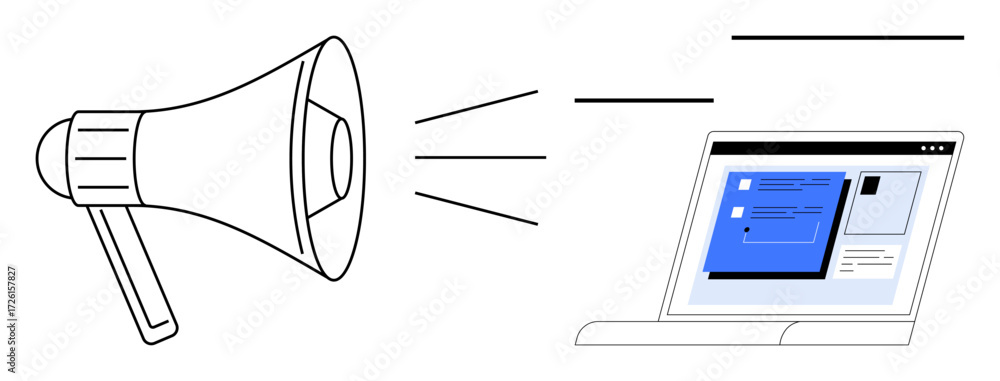 Poster megaphone projecting sound towards a laptop screen displaying online content. ideal for communicatio