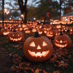 Many carved pumpkins, lit from within, create a spooky Halloween scene.  Fall foliage and twilight ambiance