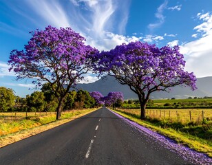 A country road lined with vibrant purple jacaranda trees under a vibrant sky