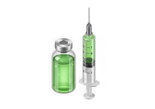 3d icon of medical syringe and vial with green liquid isolated on transparent background