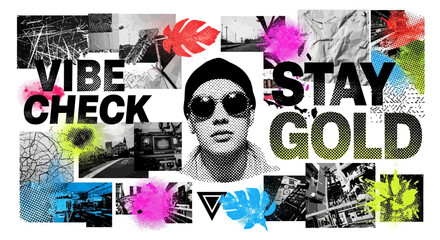 Graphic Collage with Portrait, Text, and Abstract Elements in a Modern Style