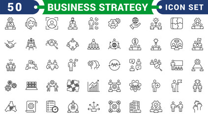 Business strategy set of web icons in line style. A collection of linear icon representing key business concepts, including market analysis, strategy, leadership, innovation, planning. Editable stroke