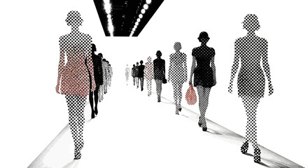 Fashion Show Runway with Dotted Silhouettes of Models Walking