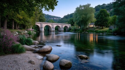 Fototapeta premium Scenic Stone Bridge over Clear River Surrounded by Lush Greenery and Flowers in Early Evening Light Landscape Photography