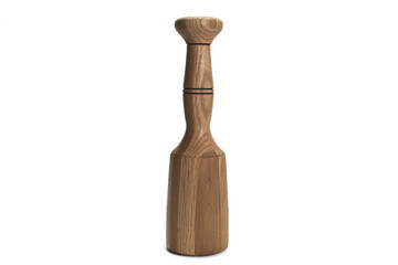 A hand lathe turned wood mallet on a white background.  The mallet is a good representation of artisan quality woodworking.  The mallet is centered.  