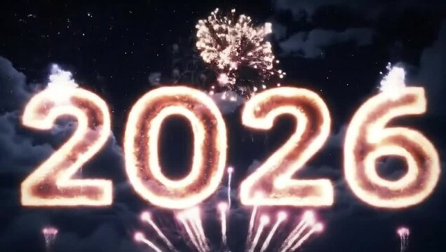A cinematic,  4D celebration of the year "2026" rendered in glowing, textured numbers, set against a dark night sky filled with vibrant fireworks end