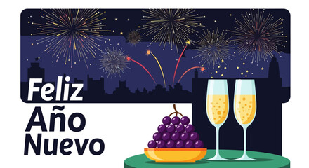New Year's Eve Celebration: Champagne, Grapes, and Fireworks