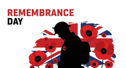 Remembrance Day Silhouette of Soldier with Poppies and Union Jack
