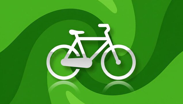 A white bicycle icon is superimposed on a vibrant green background with swirling patterns.