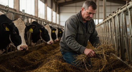 Male farmer feeding hay to holstein cows in a modern barn. Man working on a dairy farm with livestock. Agriculture and animal husbandry concept