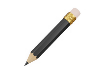 3d icon of black pencil with gold ferrule and eraser isolated on transparent background