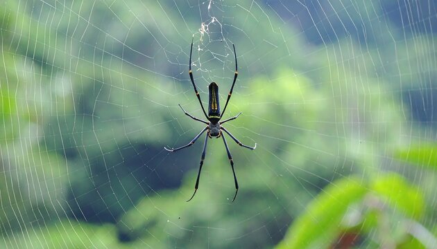 Spider on intricate web, lush green background