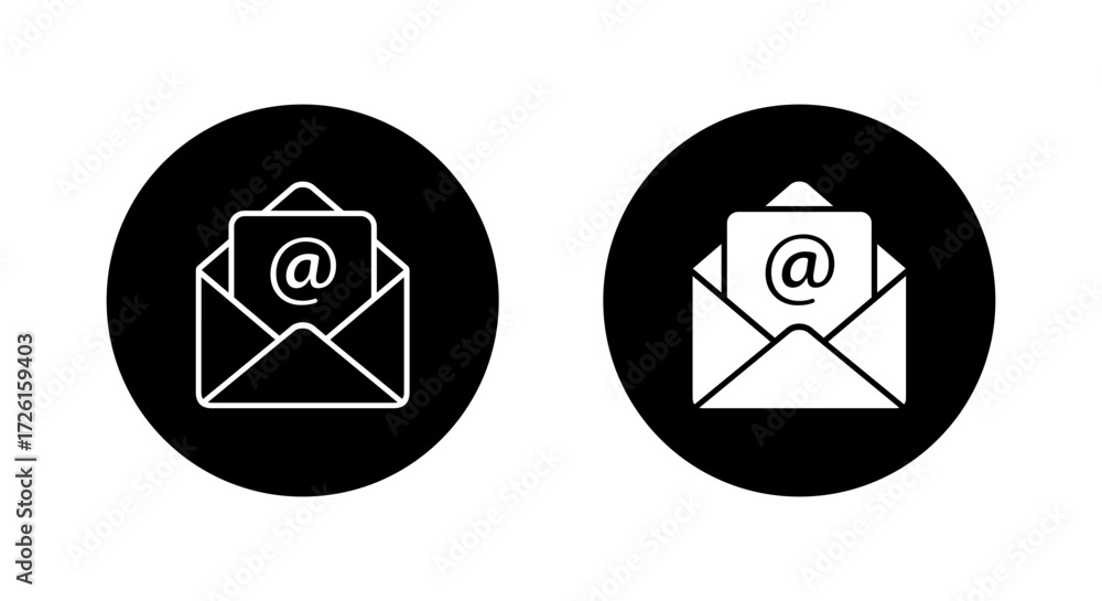 Poster email envelope icon set in black circle. open mail message with mention symbol