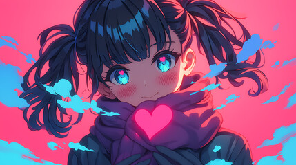 Close up of smiling woman in cold weather jacket and scarf uniform, anime style