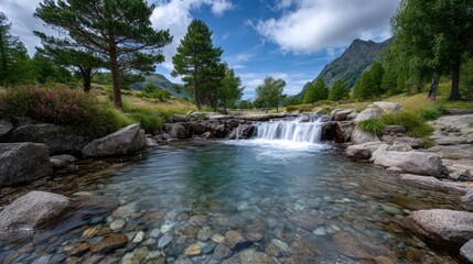 Scenic Mountain Waterfall with Lush Greenery Under a Cloudy Blue Sky at Daylight