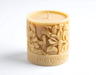 A cylindrical candle with floral carvings