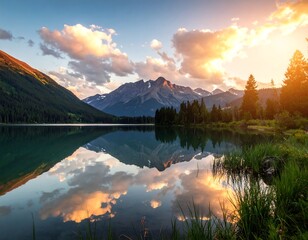 Serene sunset over calm lake reflecting majestic mountains