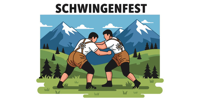 Two Wrestlers Competing in Traditional Swiss Schwingen, Mountain Backdrop