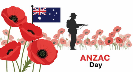 ANZAC Day Commemoration with Poppies, Soldier, and Flag.