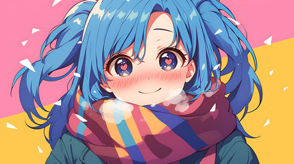 Close up of smiling woman in cold weather jacket and scarf uniform, anime style
