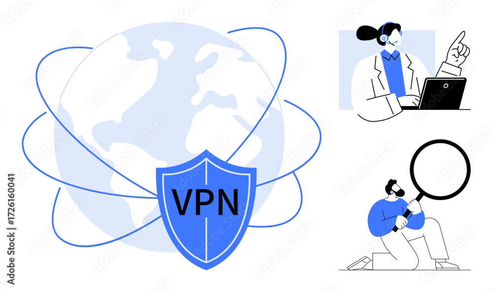 Poster shield labeled vpn encloses globe with network lines. support agent on laptop and man analyzing risk