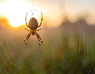 Spider on web at sunset