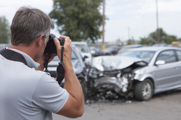 Man photographing car accident insurance claim damage traffic crash