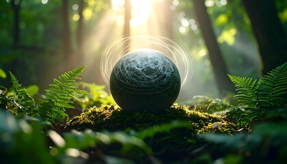 Mysterious Orb in Forest Illuminated by Sunlight and Glowing Rings