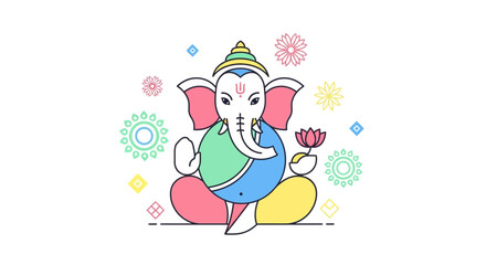 Colorful Ganesha Illustration with Lotus Flower and Decorative Elements
