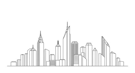 Modern urban cityscape line art illustration featuring a minimalist architectural design and towering skyscrapers