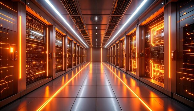 Data Center Server Room Interior with Futuristic Orange Lighting