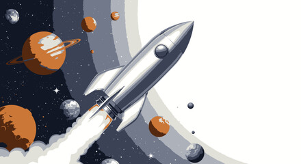 Naklejka premium Retro-futuristic rocket soaring through an imagined universe, surrounded by celestial bodies, depicting the thrilling journey of space exploration and cosmic discovery